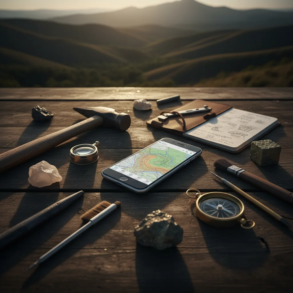 Smartphone with geology app on wooden field desk surrounded by geological tools