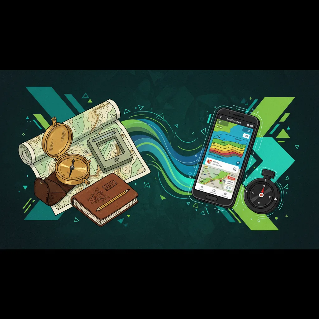Split illustration showing transition from traditional geology field tools to modern digital smartphone apps