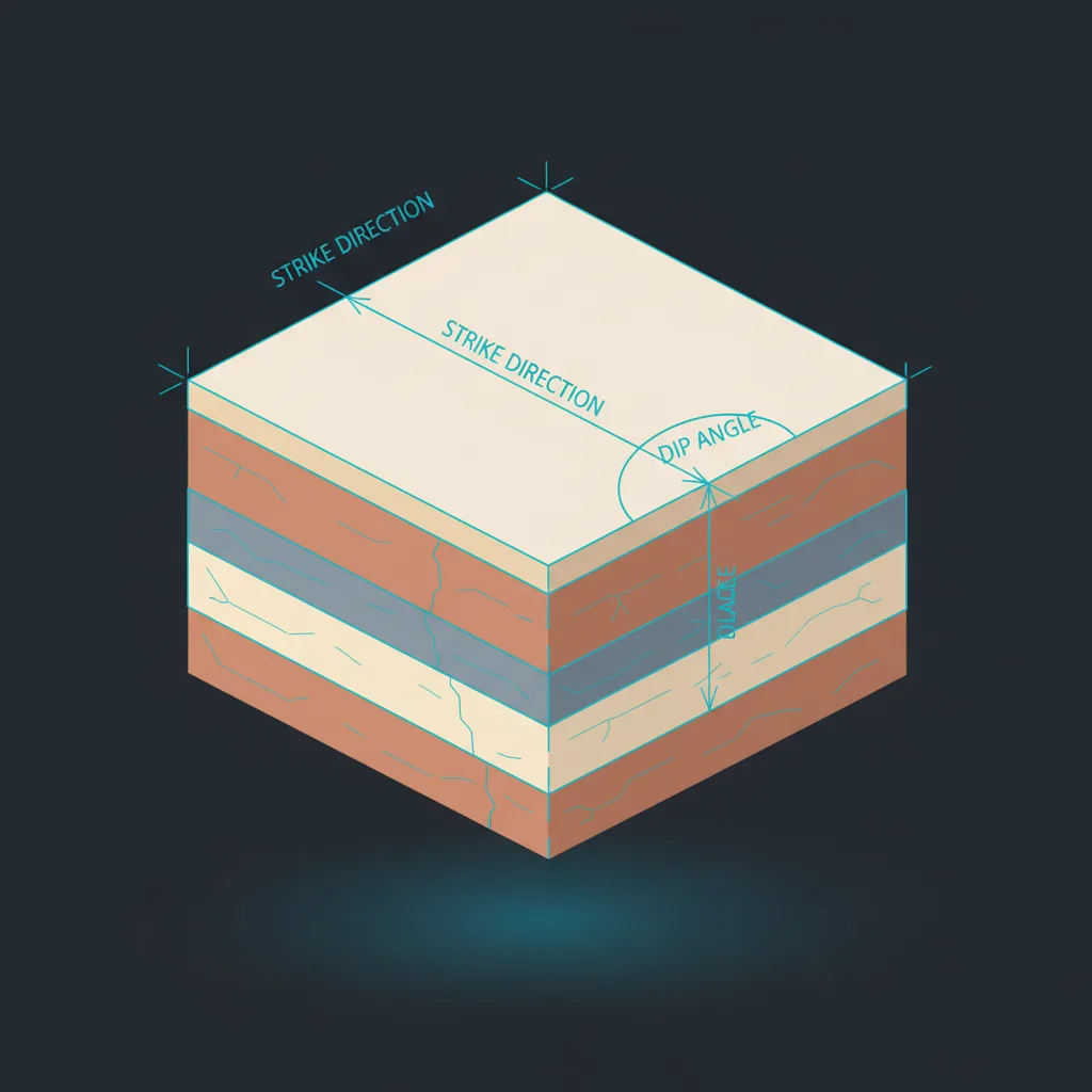 3D isometric block diagram showing geological layers with strike direction along the horizontal plane and dip angle going downward