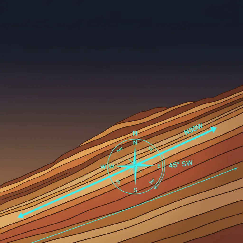 Tilted sedimentary rock layers with geological compass overlay