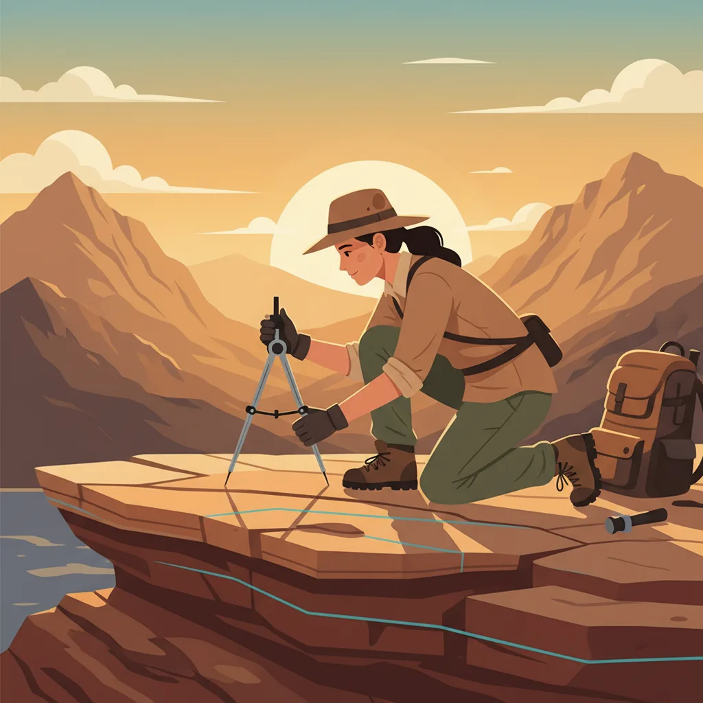 Geologist placing a compass on an exposed rock outcrop to measure strike and dip in the field