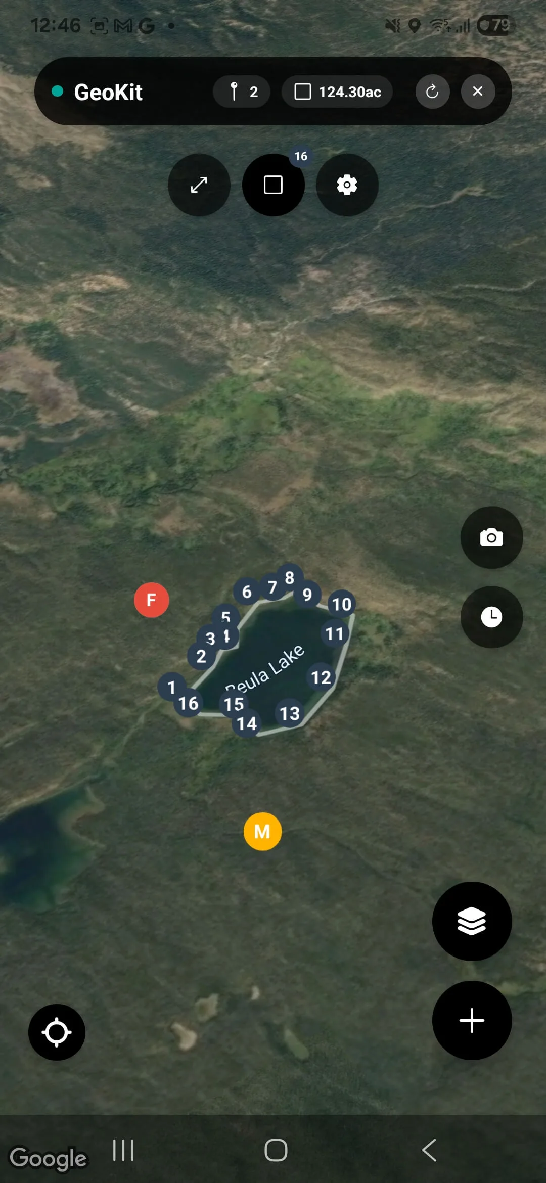 GeoKit geological mapping app showing map view with fault markers, GPS coordinates, and multi-layer satellite imagery on a mobile device